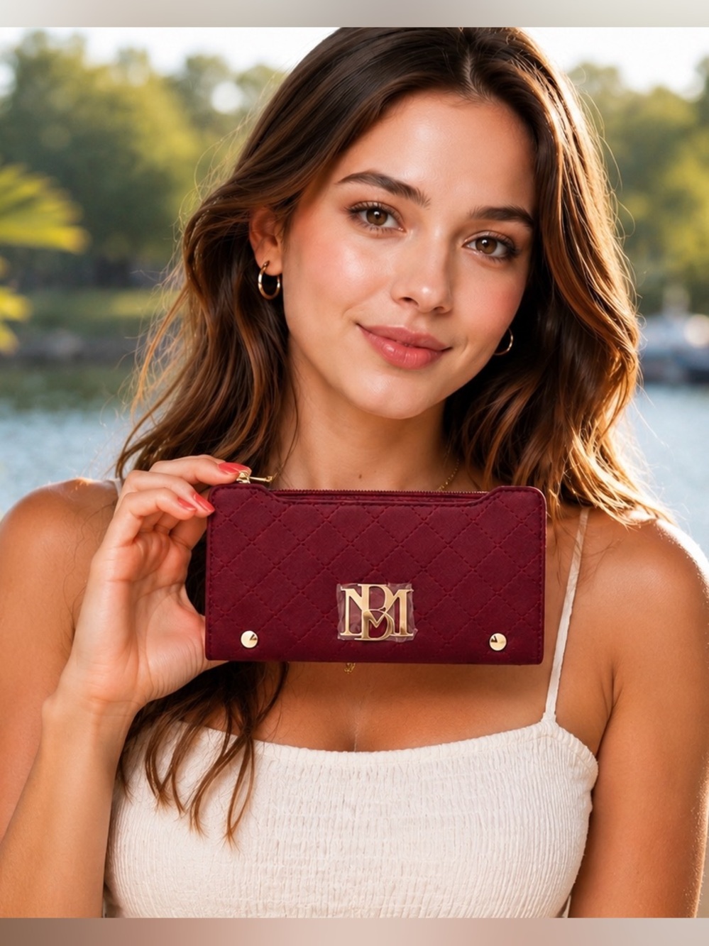Badgley Mischka Quilted Burgundy Wallet Set with Gold Hardware